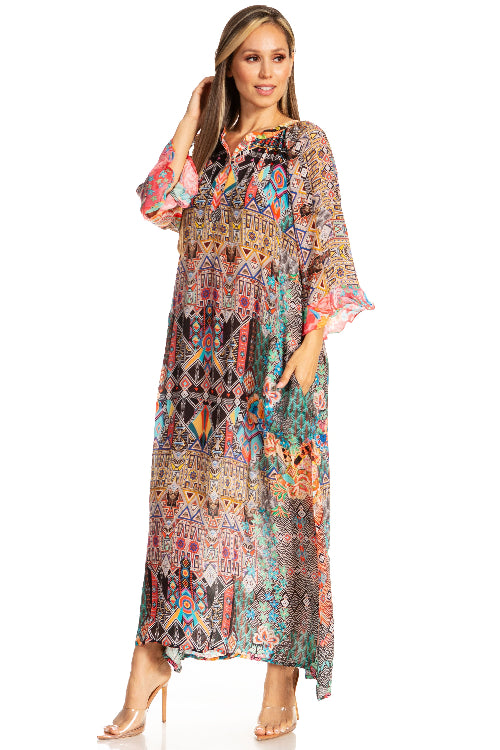 Woman wearing a colorful patterned dress on a white background