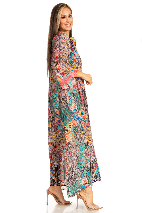 Woman wearing a colorful patterned dress on a white background