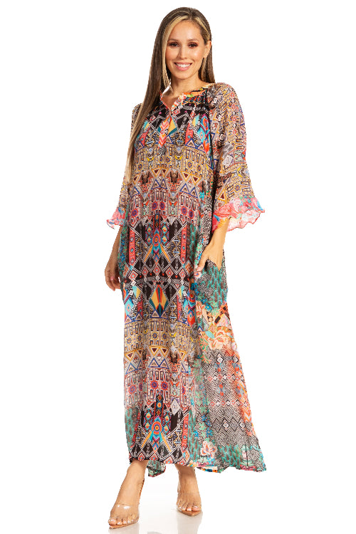 Woman wearing a colorful patterned dress on a white background