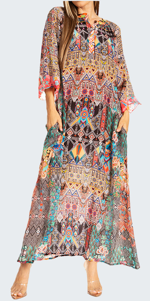 Colorful patterned dress worn by a model on a white background