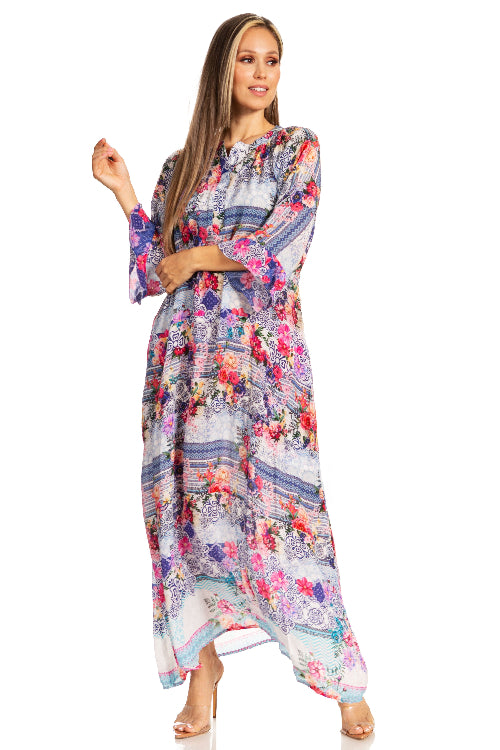 Woman wearing a colorful floral dress on a white background