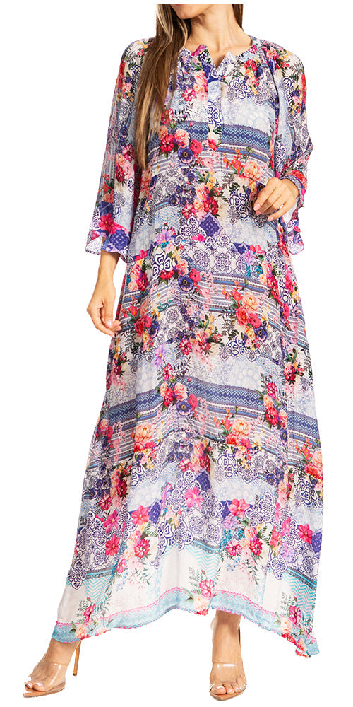 Woman wearing a long floral dress with a white background