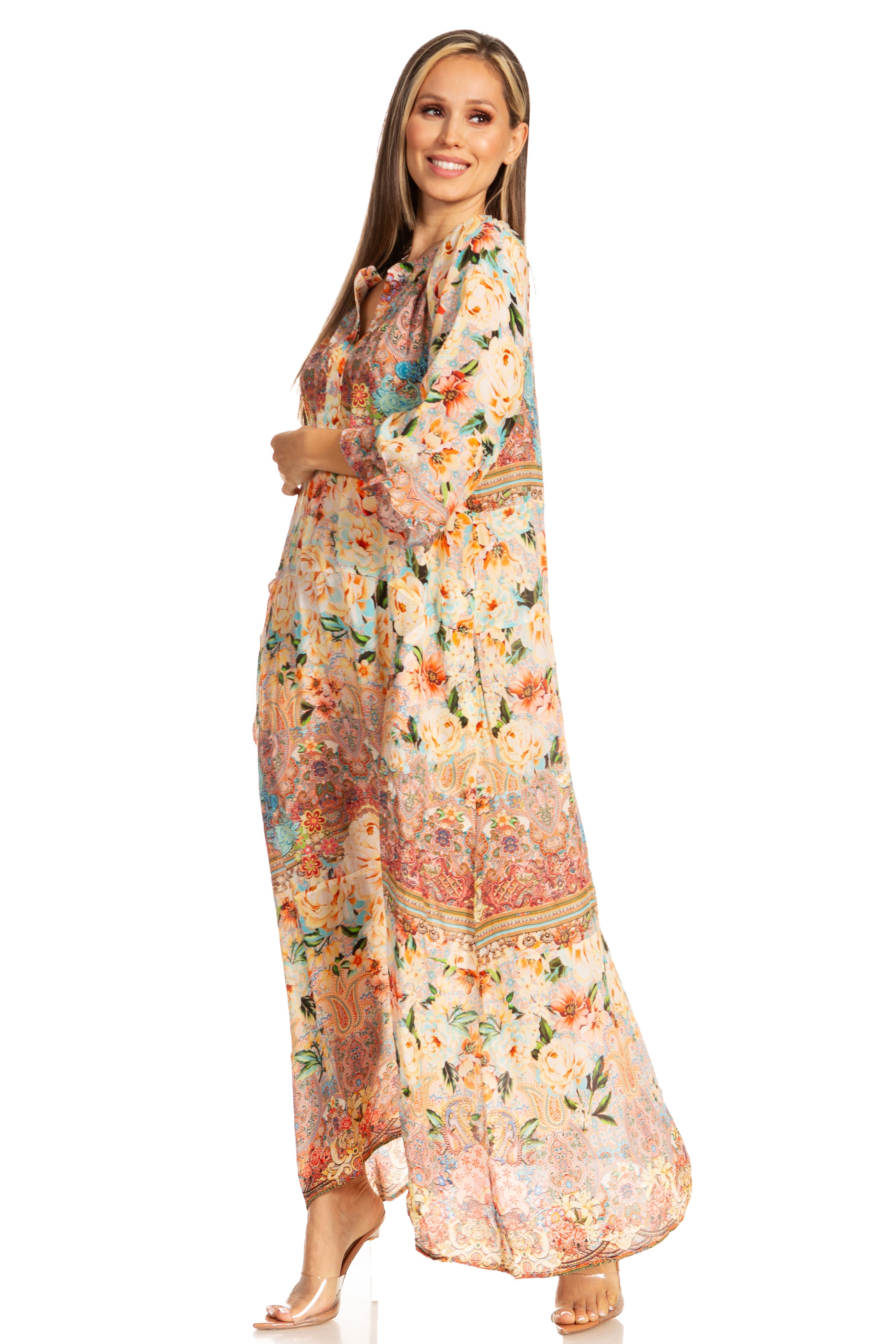 Woman wearing a floral dress on a white background