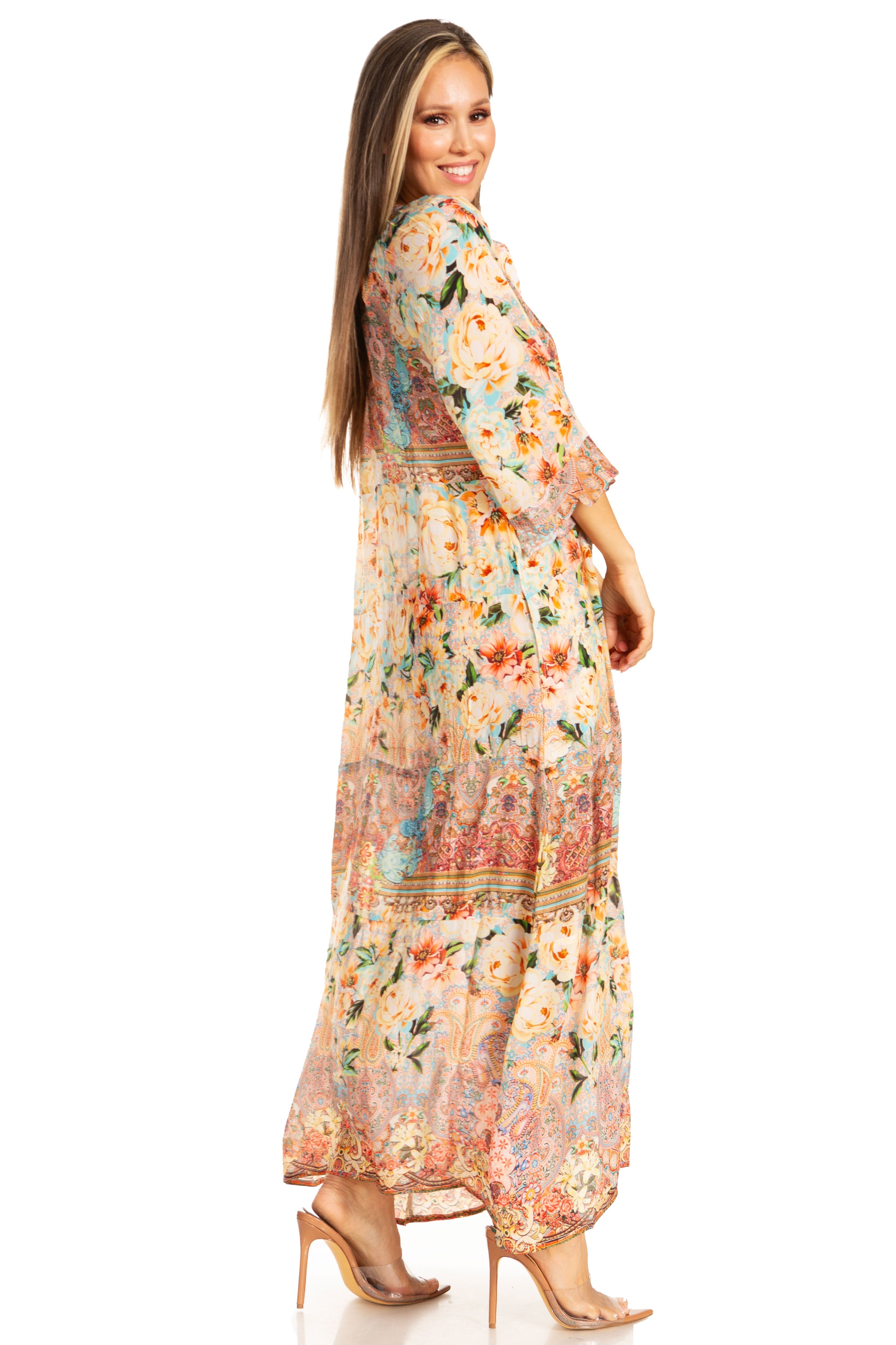 Woman wearing a floral dress on a white background