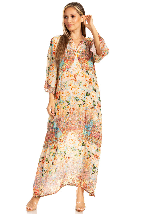 Woman wearing a floral patterned dress on a white background