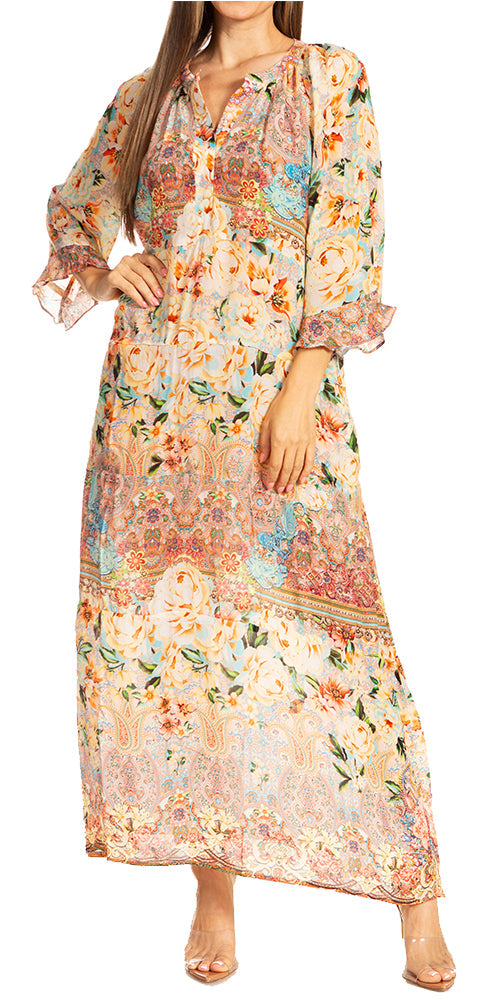 Woman wearing a floral dress with a white background