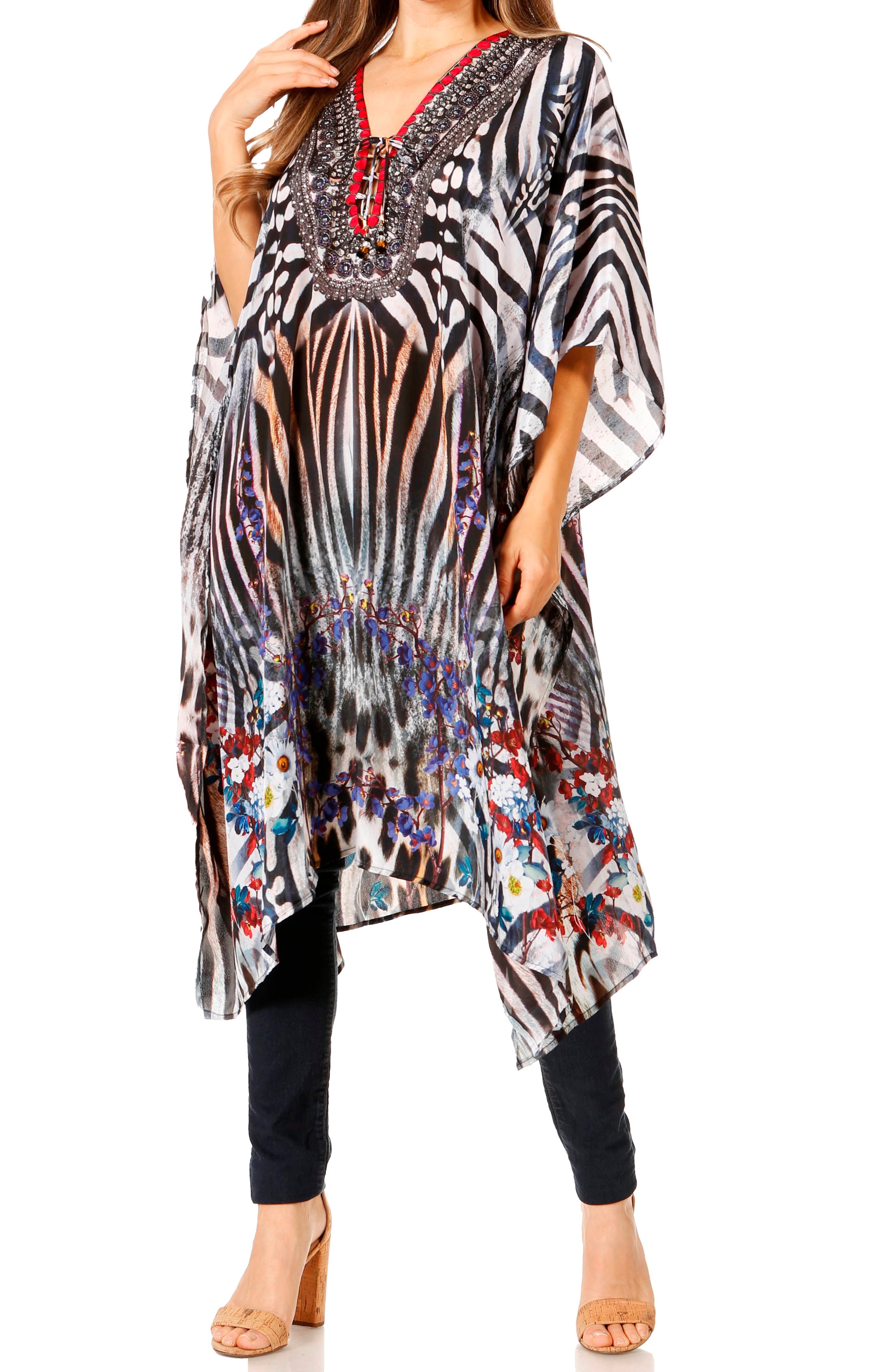 Multicolored patterned dress with a V-neckline on a white background