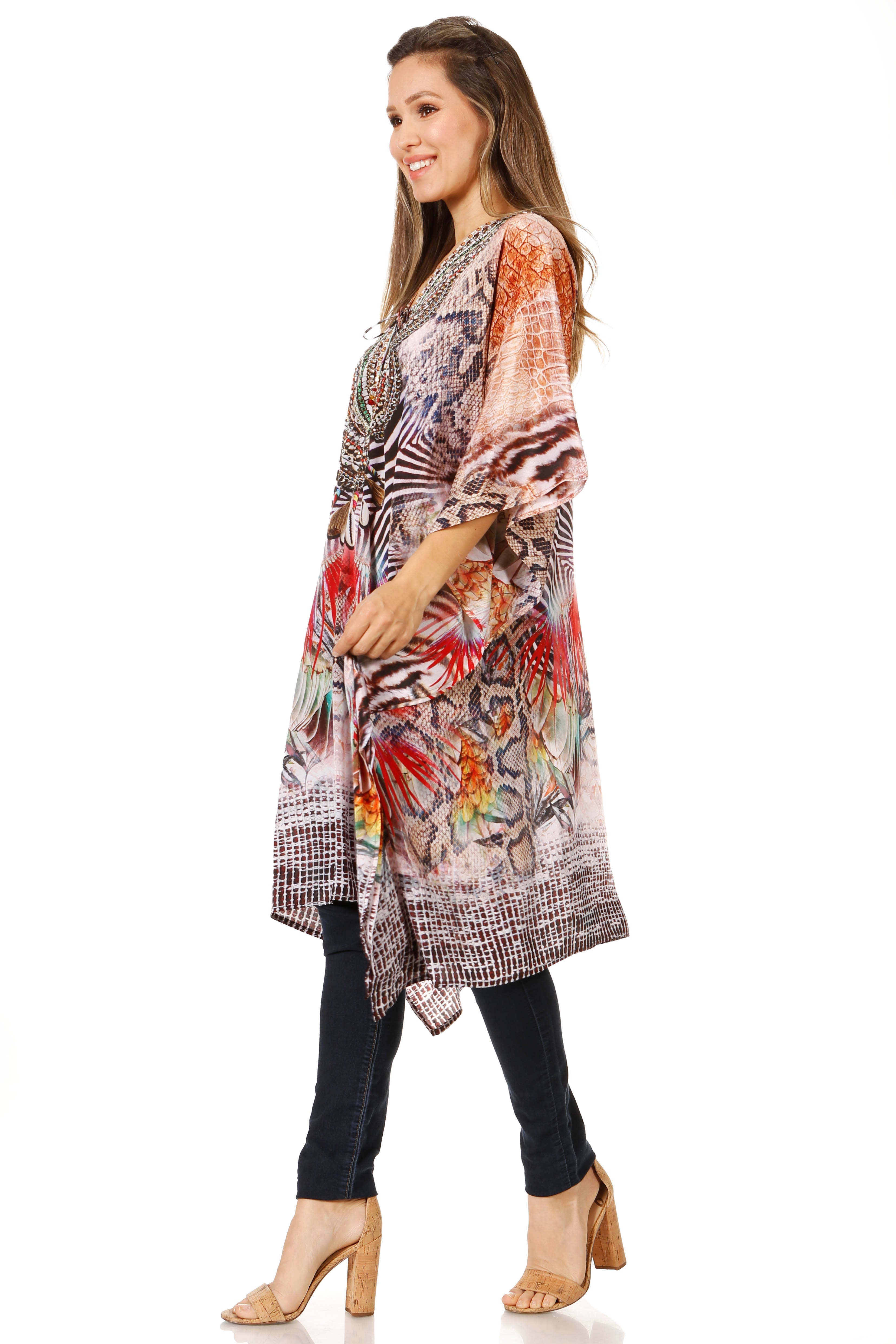Woman wearing a colorful floral dress on a white background