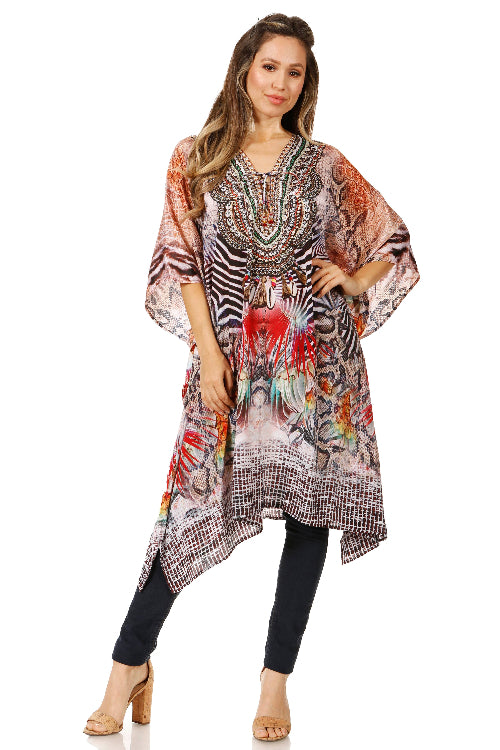 Woman wearing a colorful patterned dress with black leggings on a white background