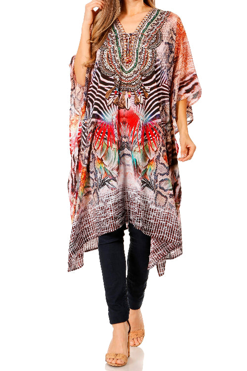 Woman wearing a colorful patterned dress with a white background
