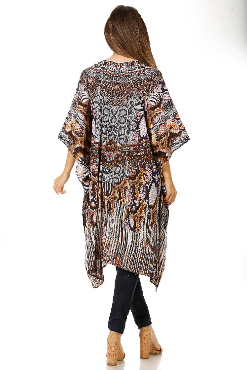 Woman wearing a patterned kimono-style garment on a white background