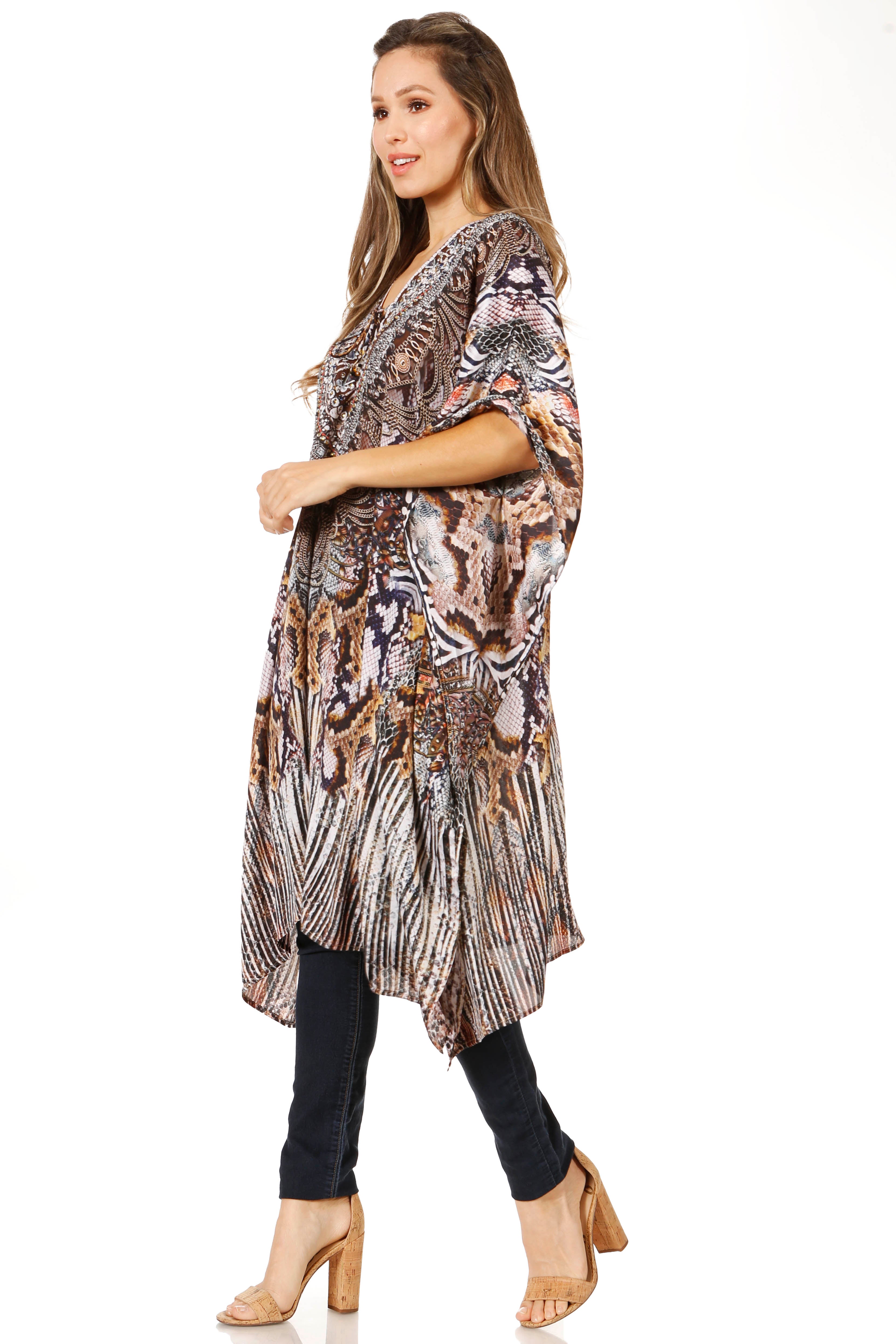 Woman wearing a patterned kimono-style top on a white background
