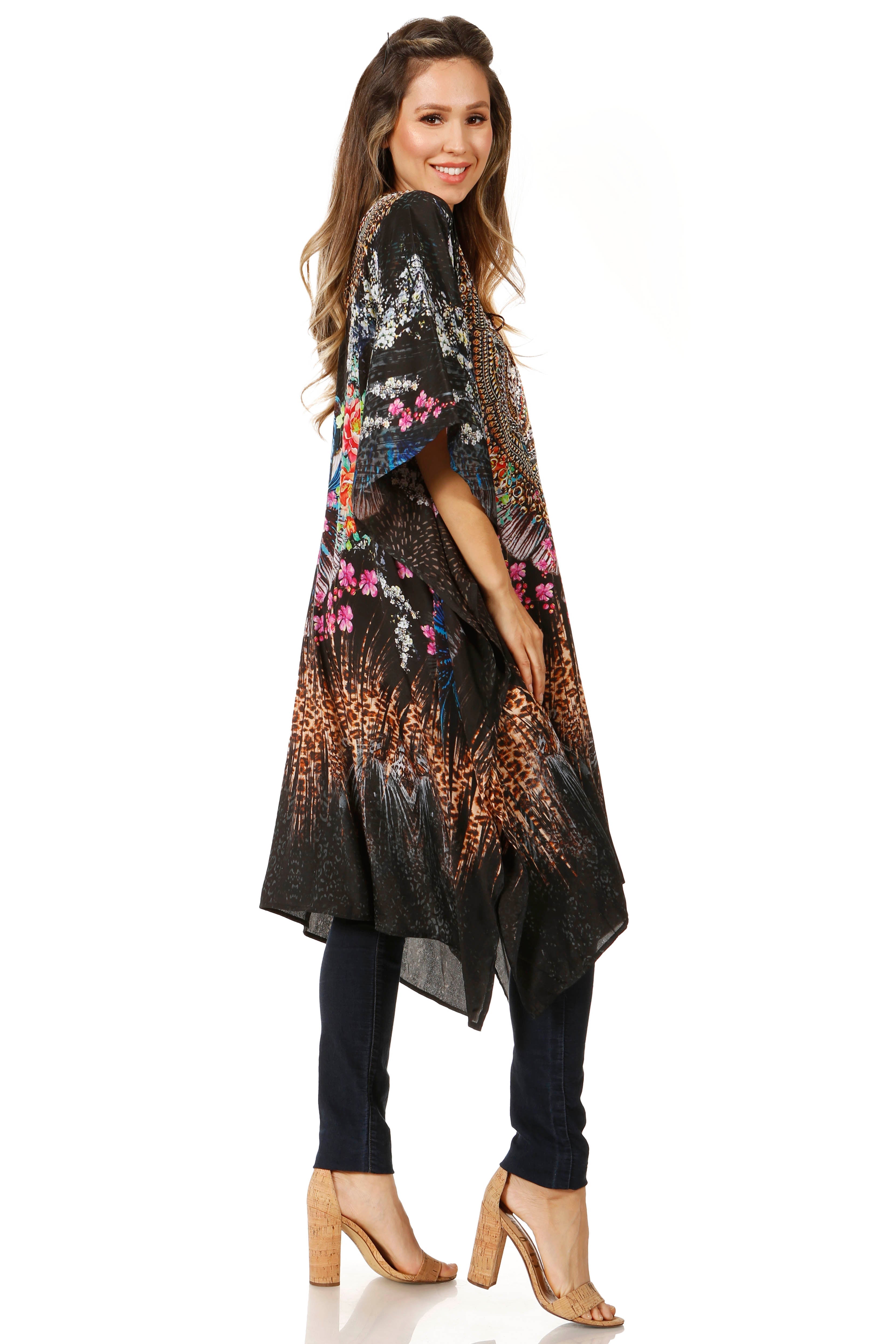 Woman wearing a colorful kimono-style garment on a white background