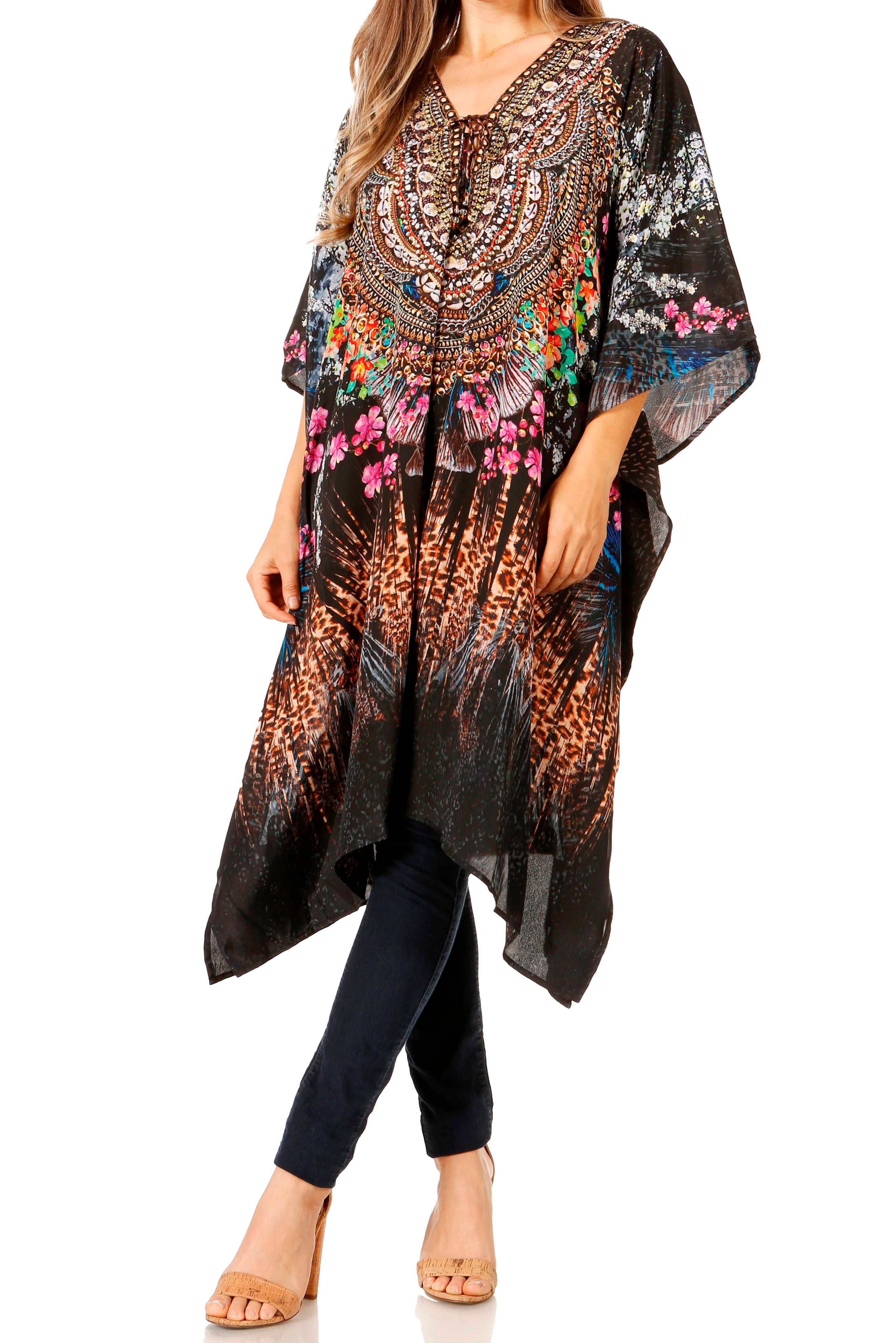 Woman wearing a colorful, patterned kimono-style garment on a white background