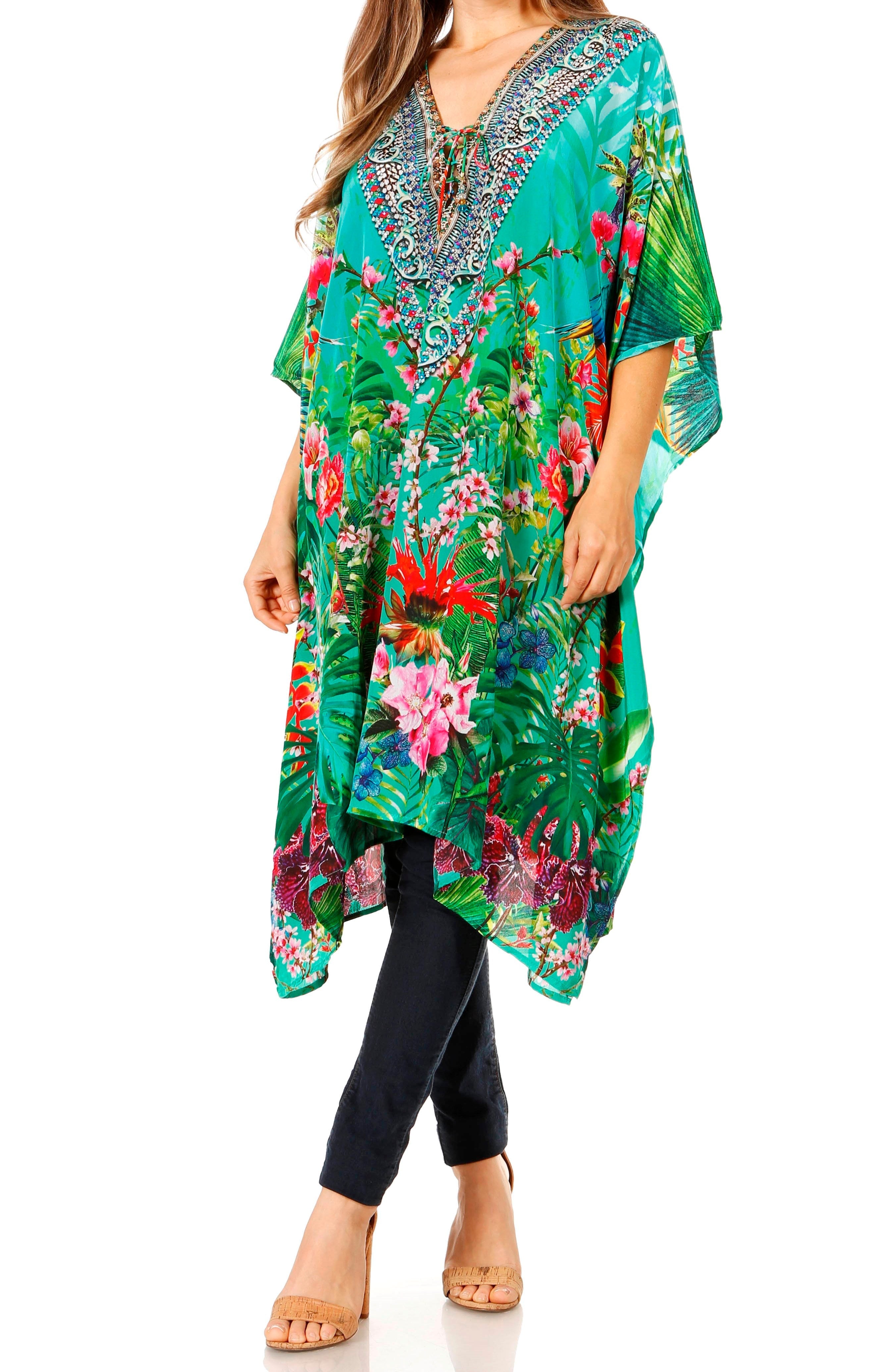 Woman wearing a colorful floral dress with a white background