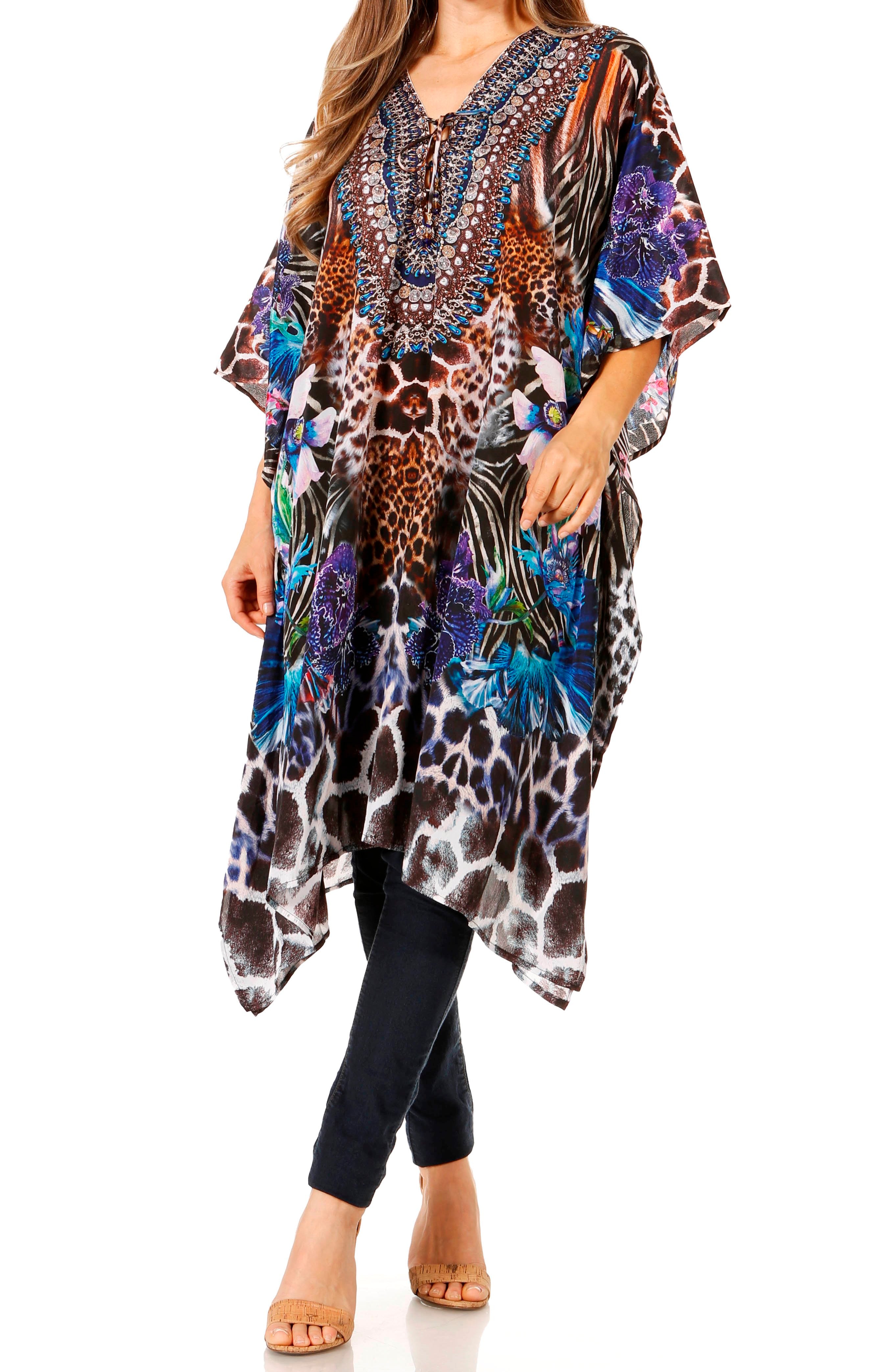 Woman wearing a colorful patterned dress with a white background