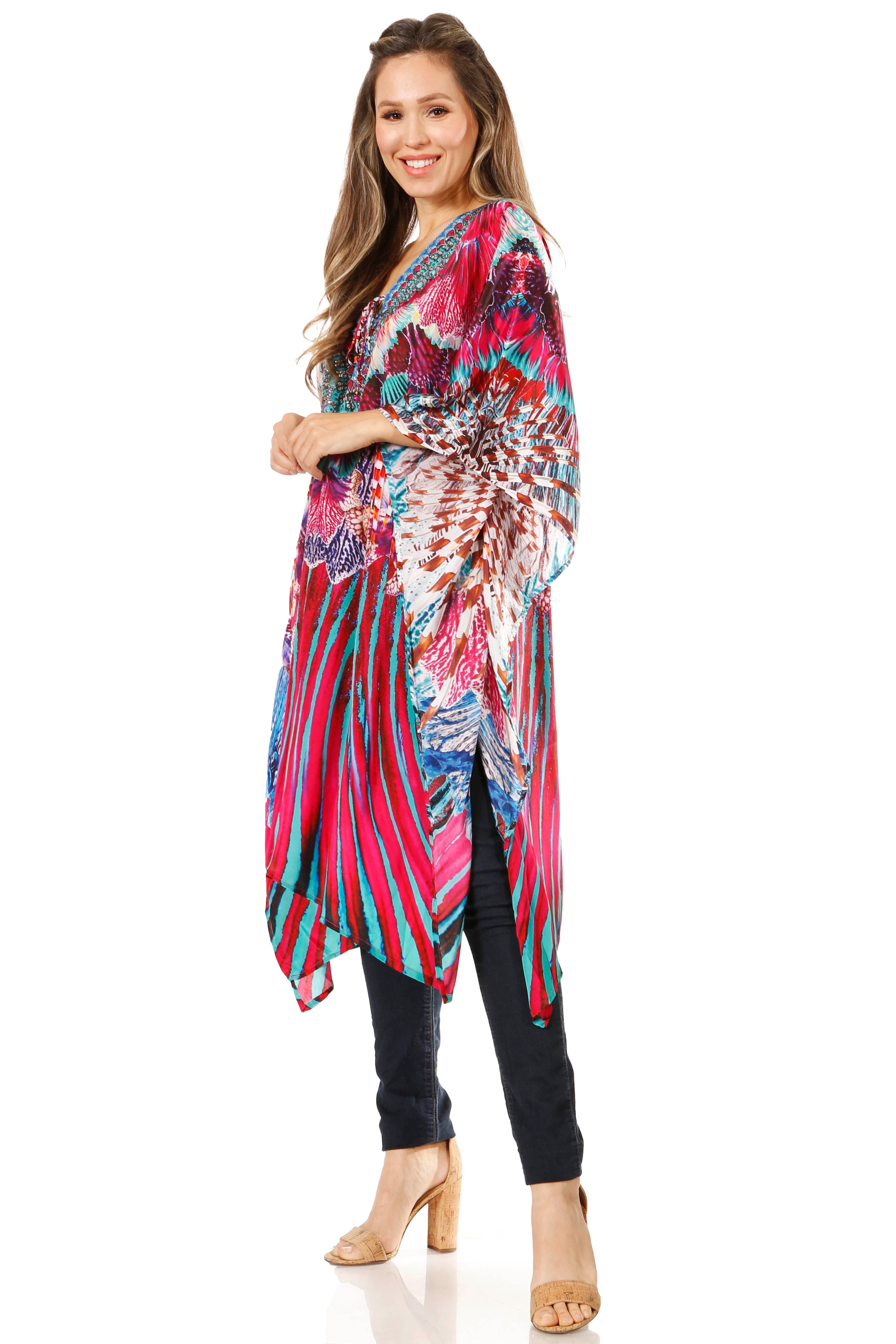 Woman wearing a colorful patterned dress on a white background