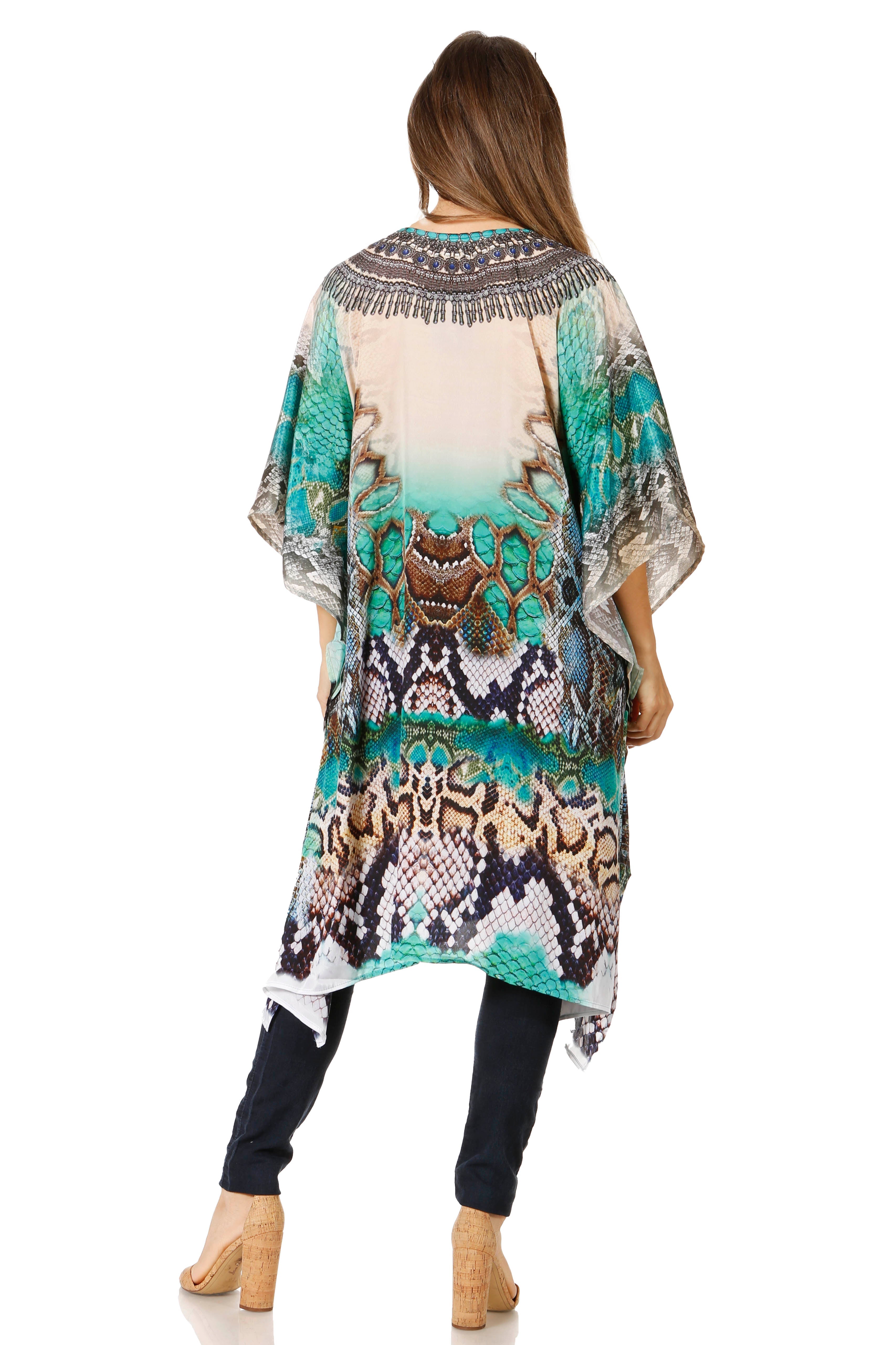 Woman wearing a patterned kimono-style garment on a white background