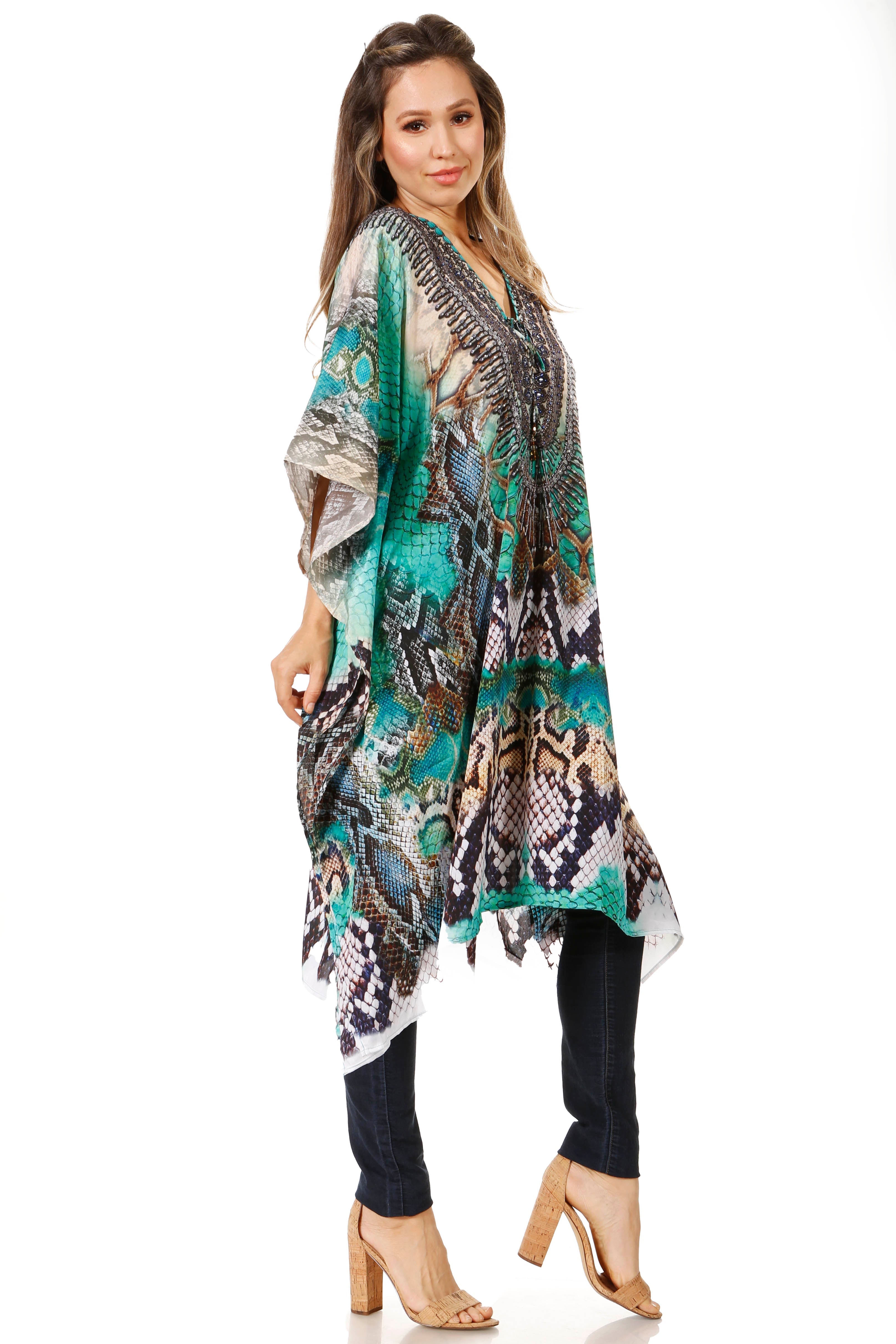 Woman wearing a patterned kimono-style garment on a white background
