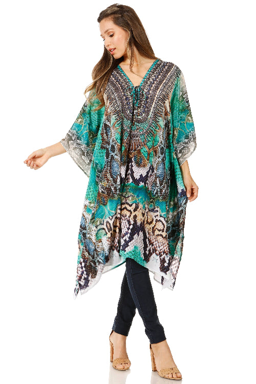 Woman wearing a patterned kimono-style garment on a white background