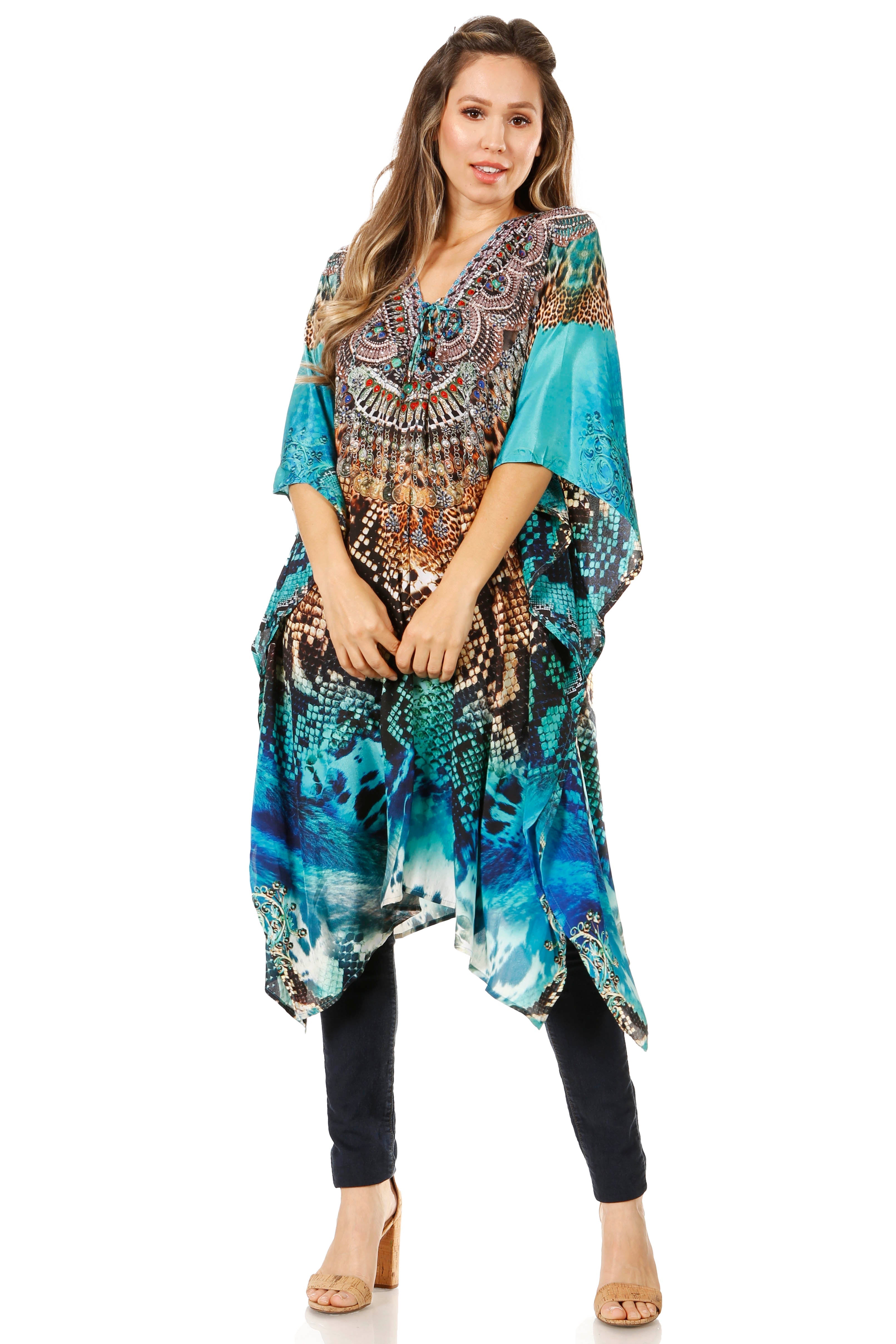 Woman wearing a colorful patterned dress on a white background