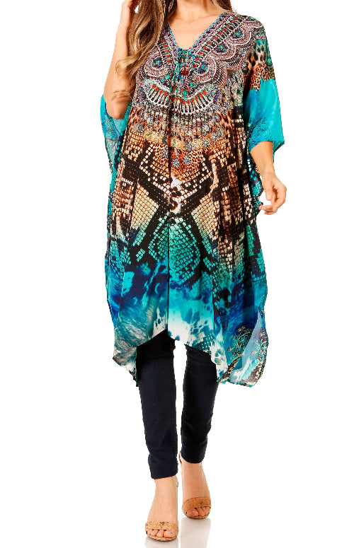 Woman wearing a colorful patterned dress with a blue overlay on a white background