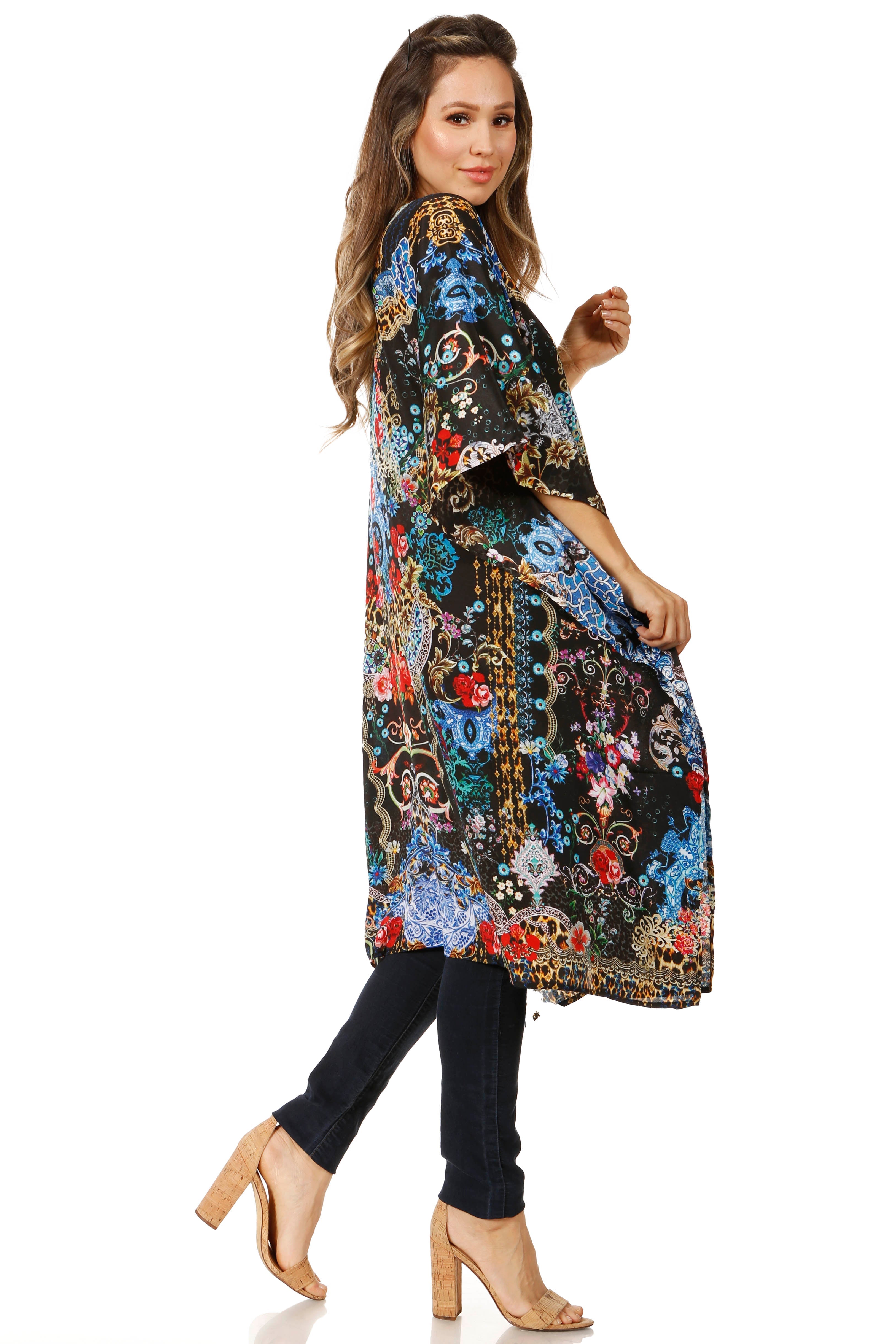 Woman wearing a long, floral-patterned dress on a white background
