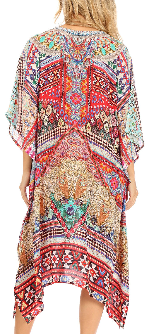 Colorful patterned kimono-style garment worn by a person on a white background