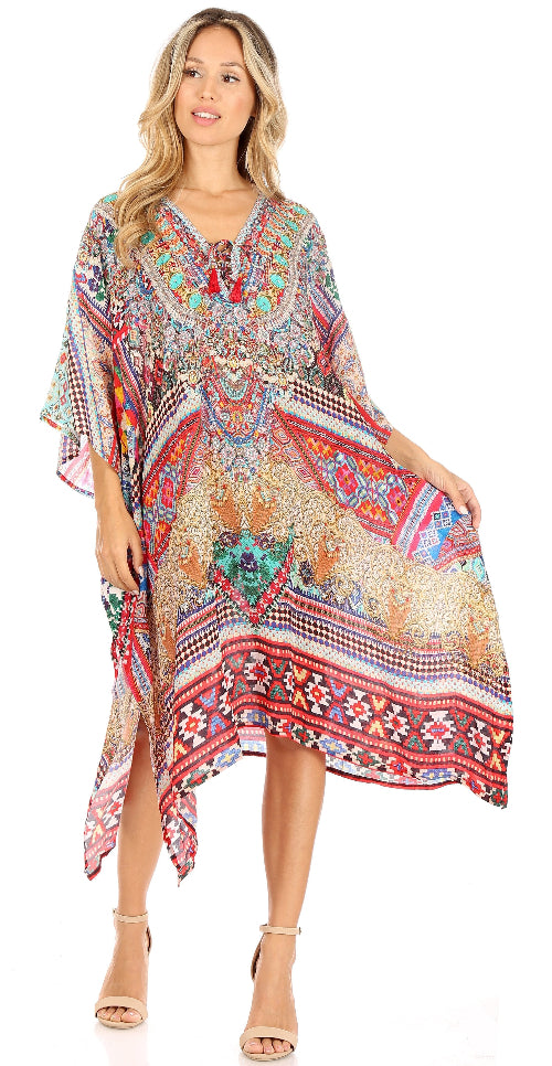 Woman wearing a colorful patterned dress on a white background