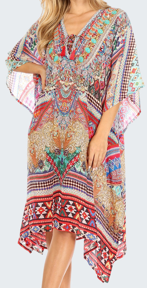 Colorful patterned dress worn by a model on a white background