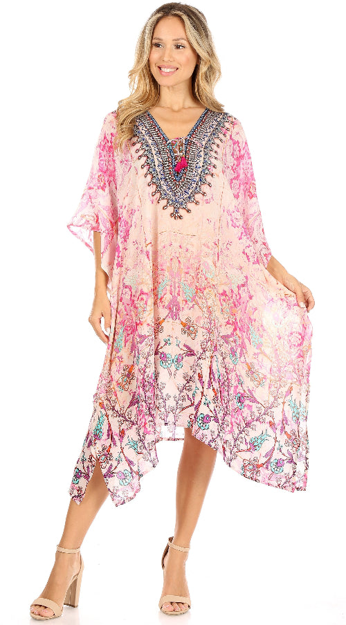 Woman wearing a floral dress with intricate detailing on a white background