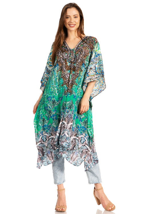 Woman wearing a colorful patterned dress on a white background