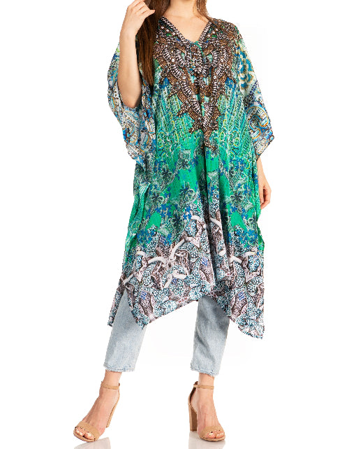 Woman wearing a colorful patterned dress on a white background
