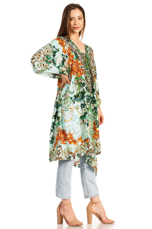 Woman wearing a floral dress with a white background