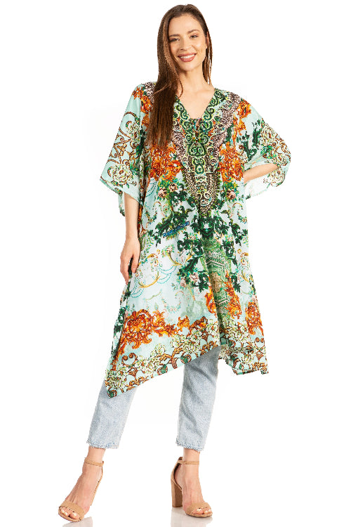 Woman wearing a colorful floral dress with a white background