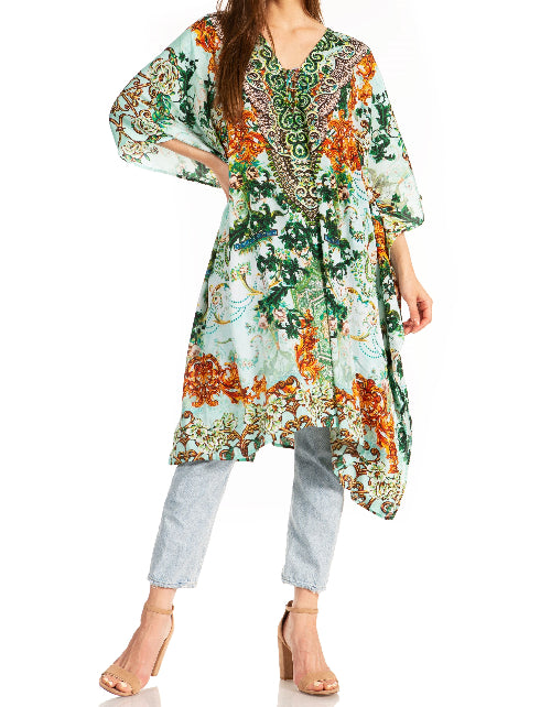 Woman wearing a floral print dress with a white background