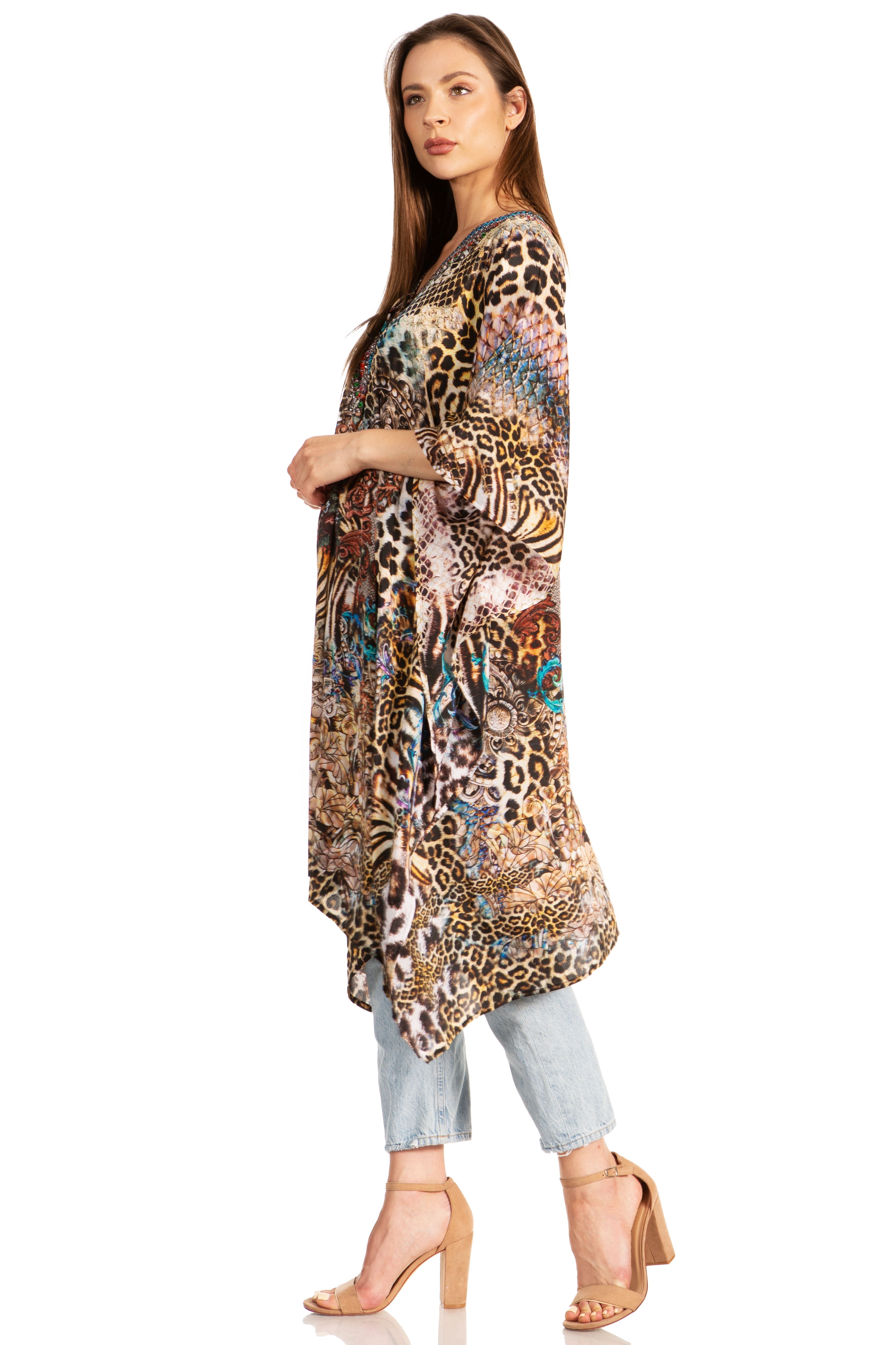 Woman wearing a patterned kimono-style garment on a white background