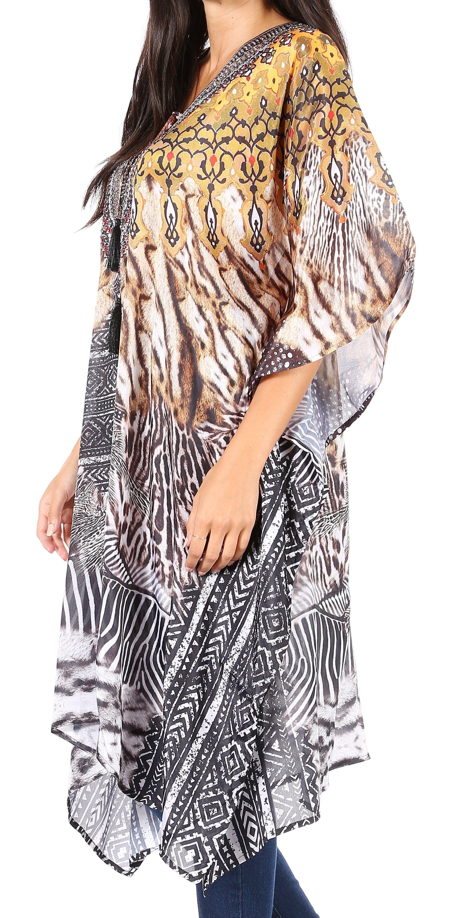 Woman wearing a patterned kimono-style garment on a white background