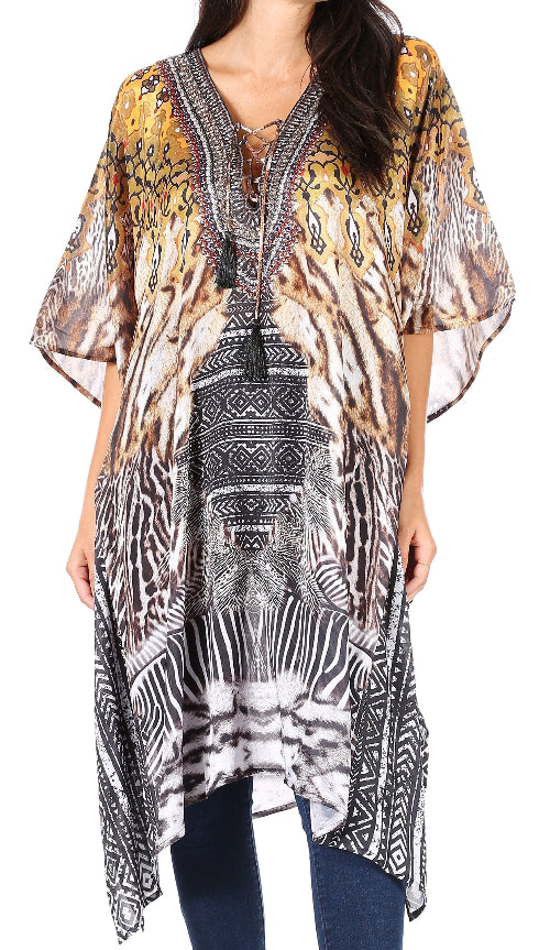 Woman wearing a patterned kimono-style top with a white background