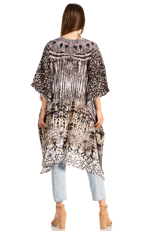 Woman wearing a patterned kimono-style garment on a white background