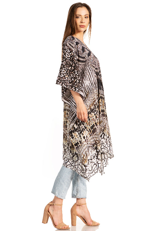 Woman wearing a patterned kimono-style garment on a white background