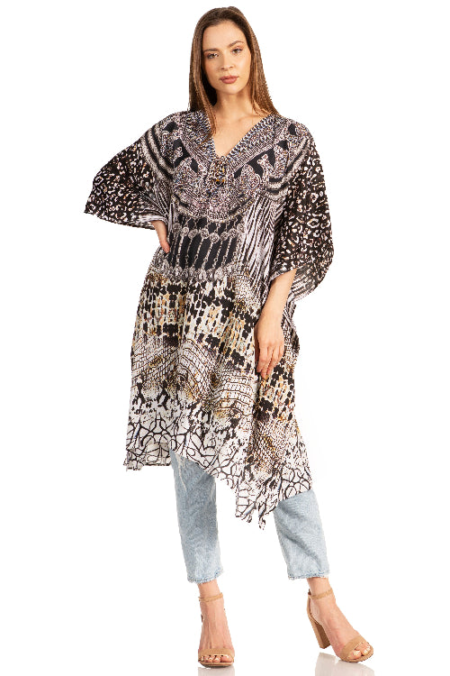 Woman wearing a patterned dress with long sleeves on a white background