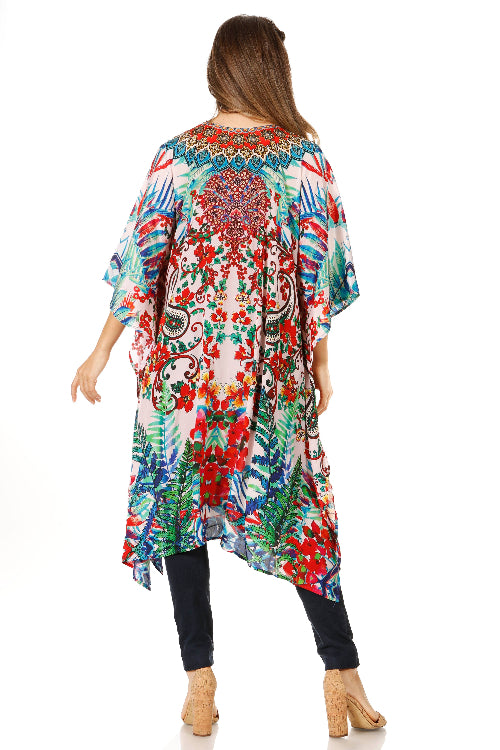 Woman wearing a colorful floral kimono on a white background