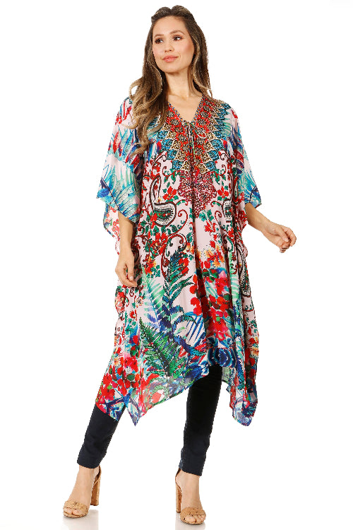 Woman wearing a colorful floral dress on a white background