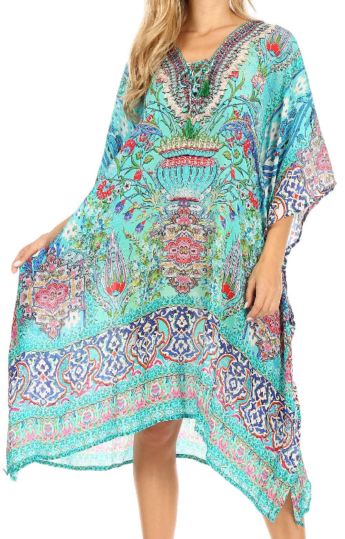 Colorful patterned dress with a white background