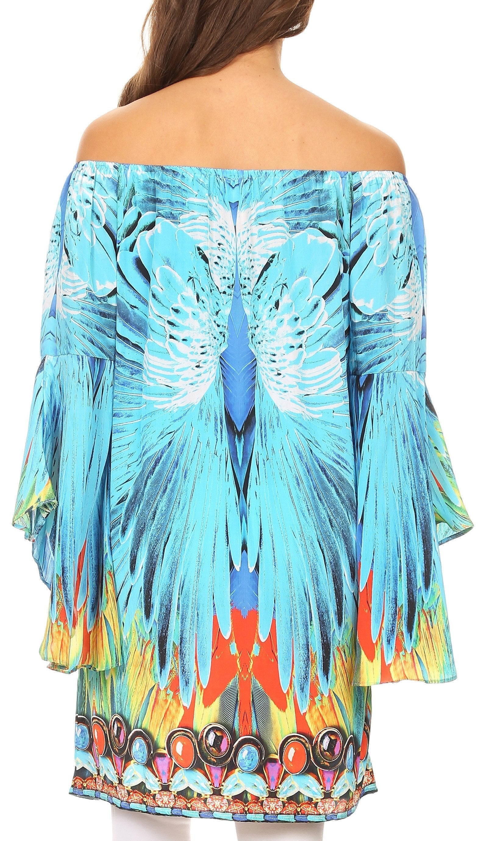 Colorful off-shoulder dress with abstract design on a white background