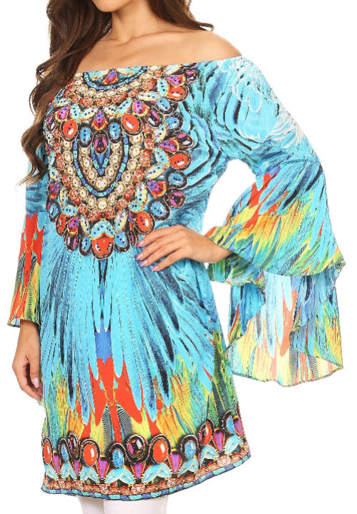 Colorful off-shoulder dress with intricate patterns on a white background