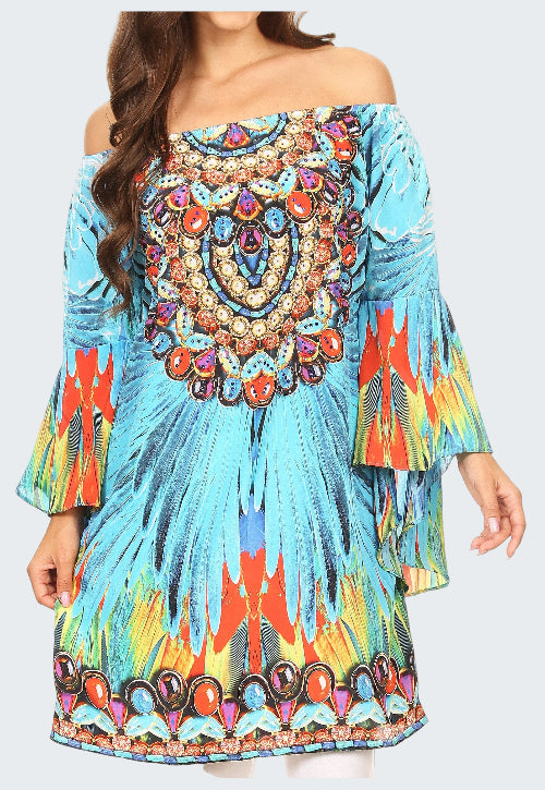 Colorful off-shoulder dress with intricate patterns on a white background