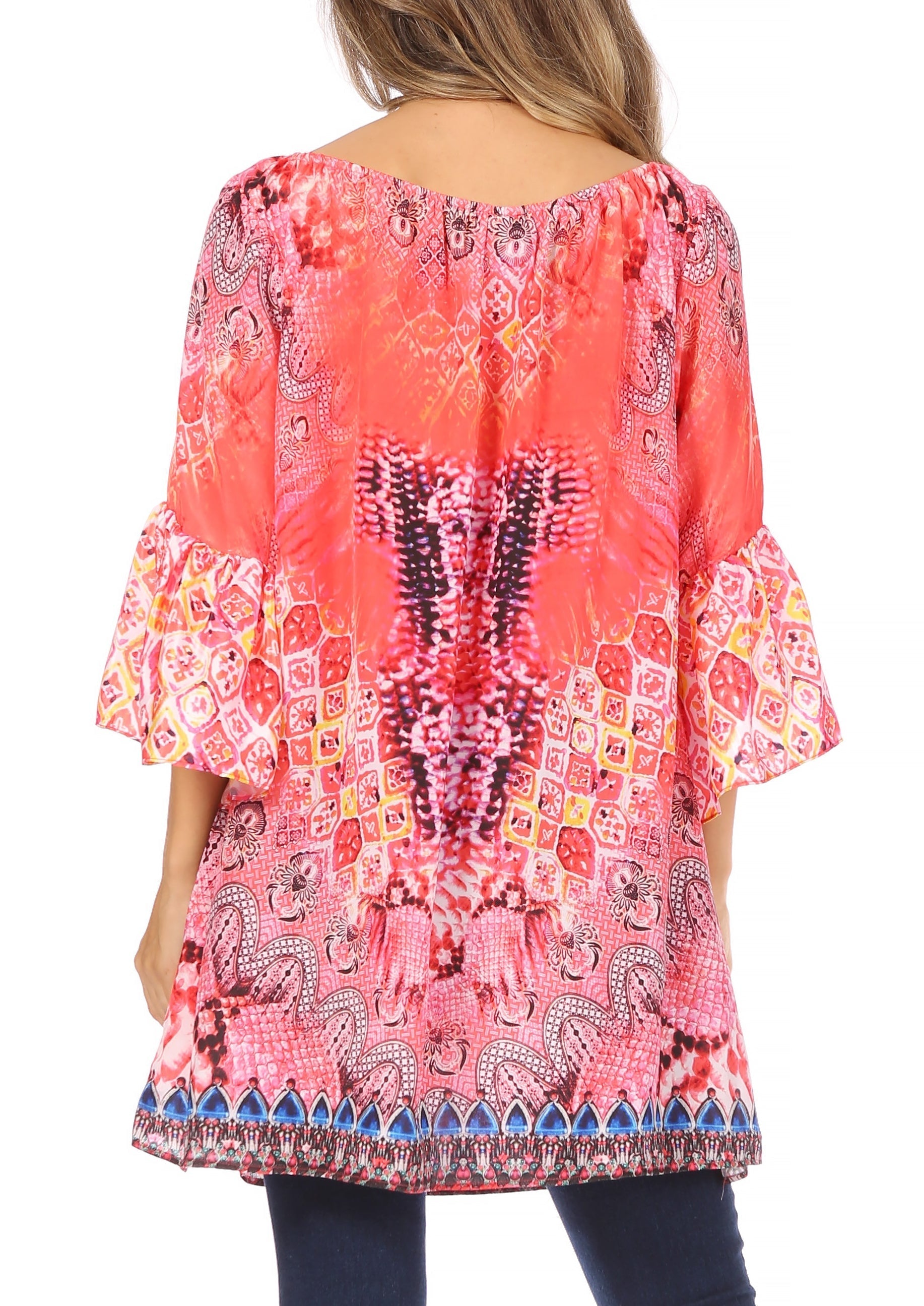 Sakkas - Inna Colorful Shift Dress Tunic with Bell Ruffled Sleeves & Rhinestones