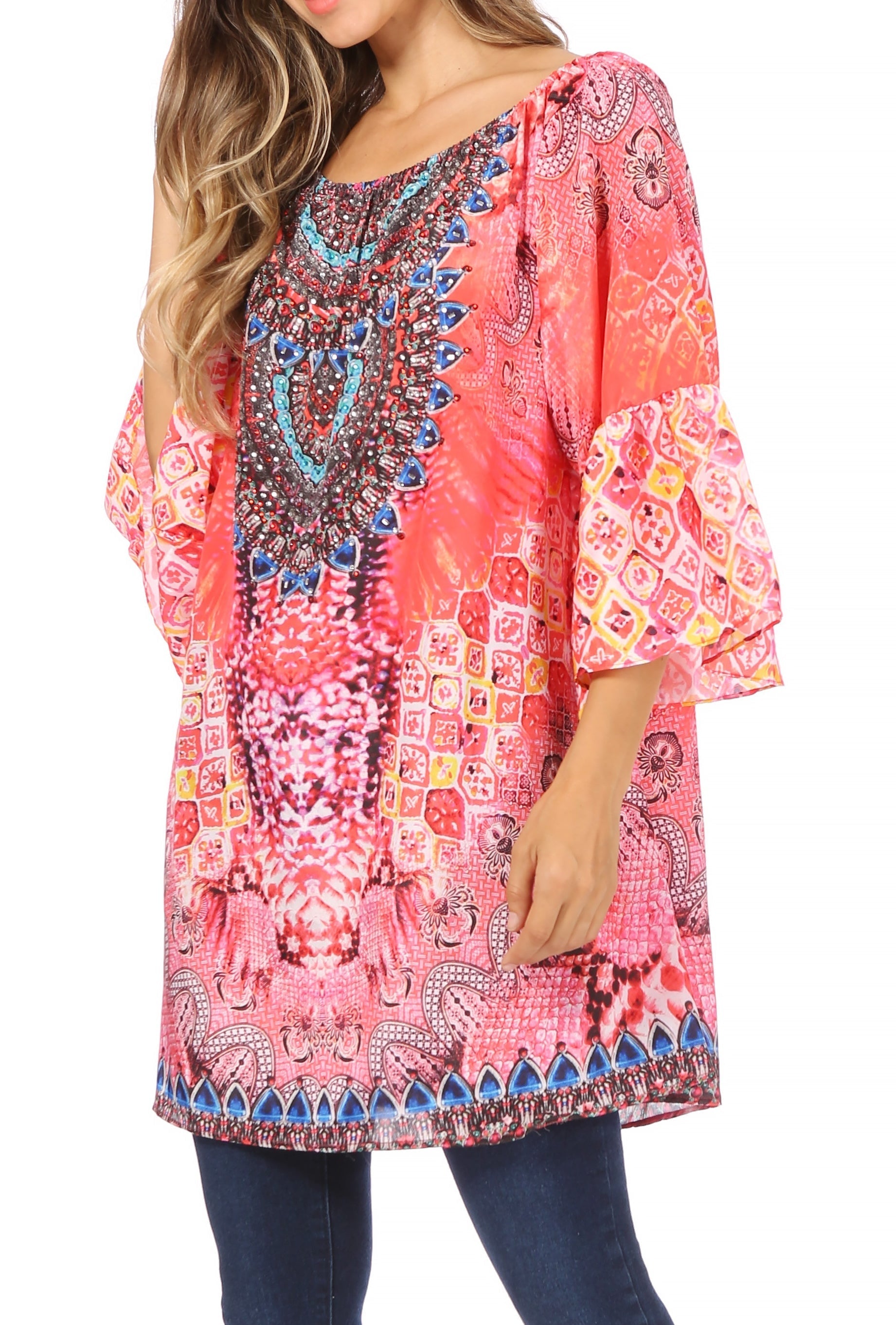Sakkas - Inna Colorful Shift Dress Tunic with Bell Ruffled Sleeves & Rhinestones